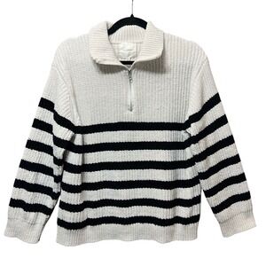 No Comment Womens Pullover‎ Knit Sweater XL Black White Striped Quarter Zip